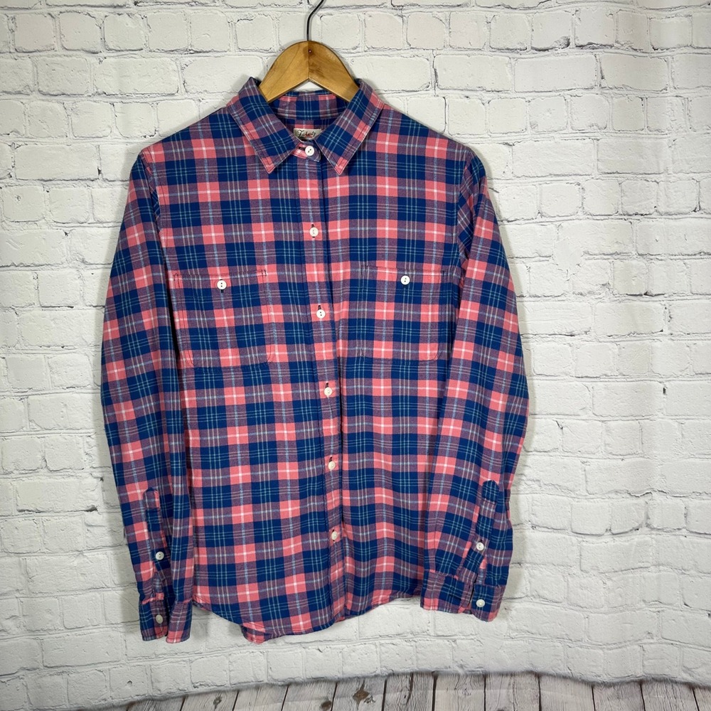 Faherty Brand Womens Pink Blue Plaid Cotton Flannel‎ Button Down Shirt Size M